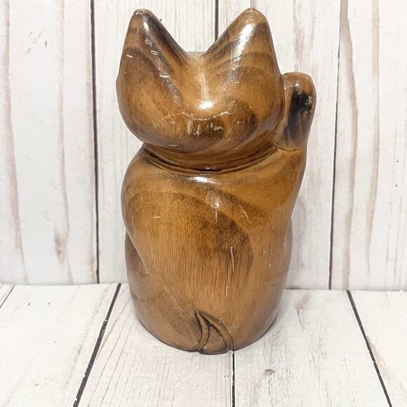 Hawaii Lucky Neko Cat Wood Carved 6" Figurine - Picture 2 of 8